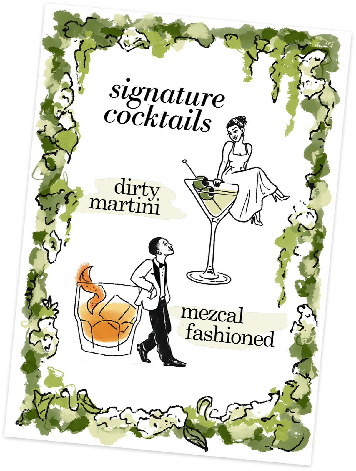 Illustrated wedding cocktail menu