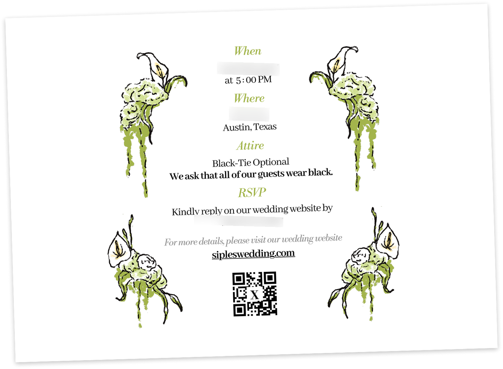 Invitation details card: April 9th 2027 at The Arlo, Austin Texas, black-tie optional, RSVP by March 12th 2027