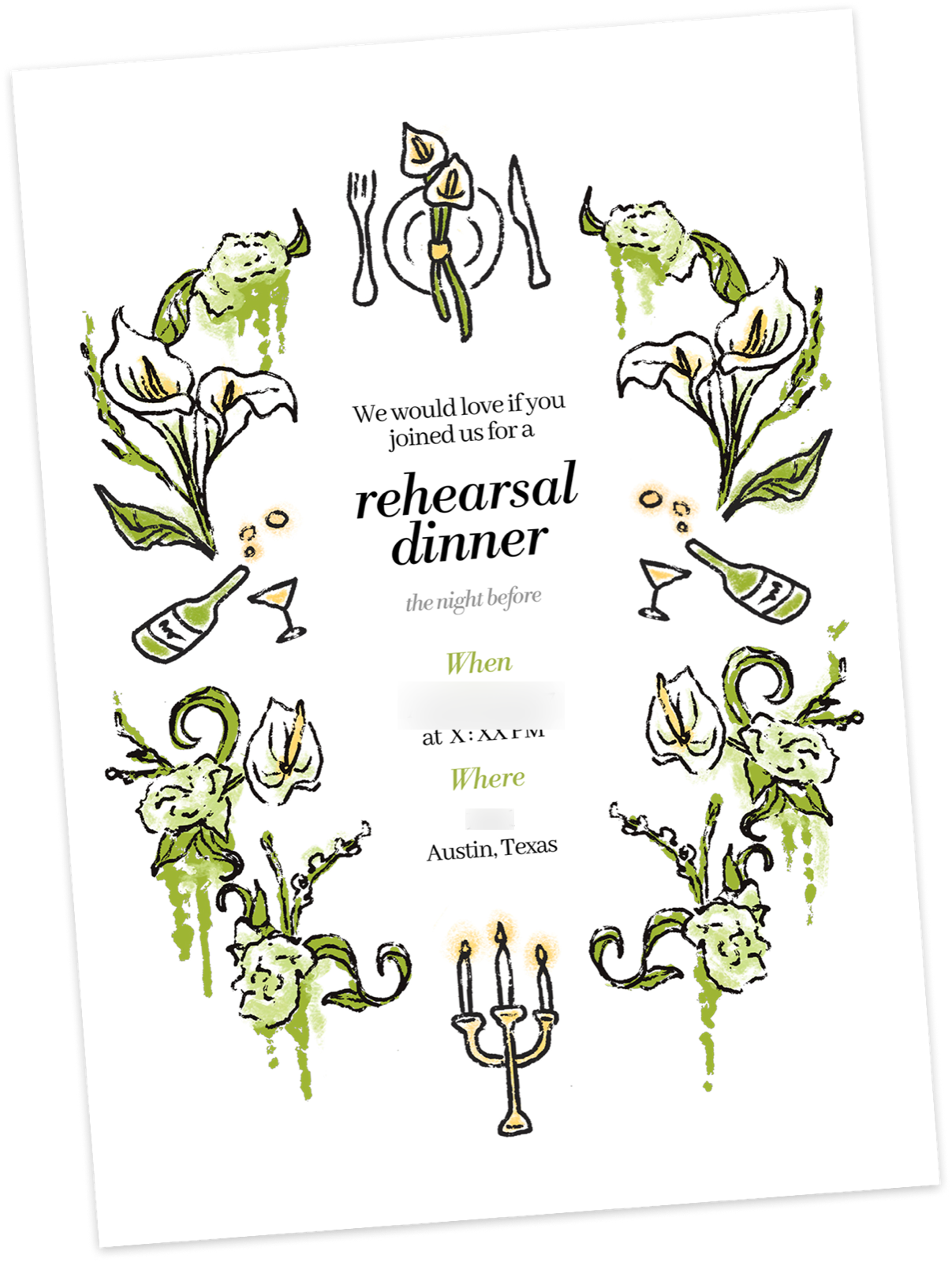 Rehearsal dinner invitation with calla lily florals matching the wedding invitation suite