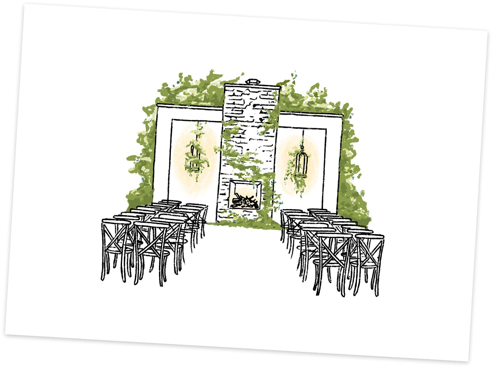 Line-art illustration of the ceremony venue: outdoor stone fireplace altar with rows of chairs and greenery