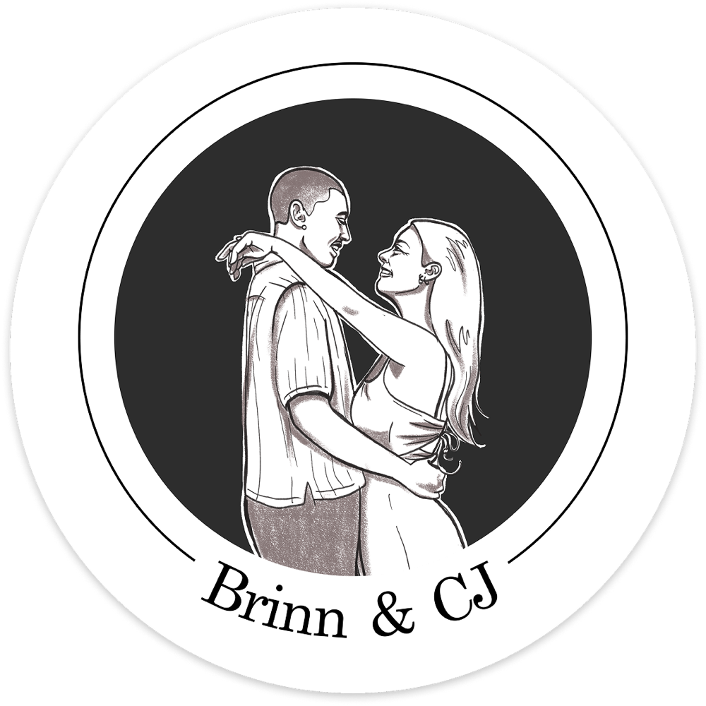 Brinn and CJ wedding sticker, black background, line-art illustration of the couple dancing