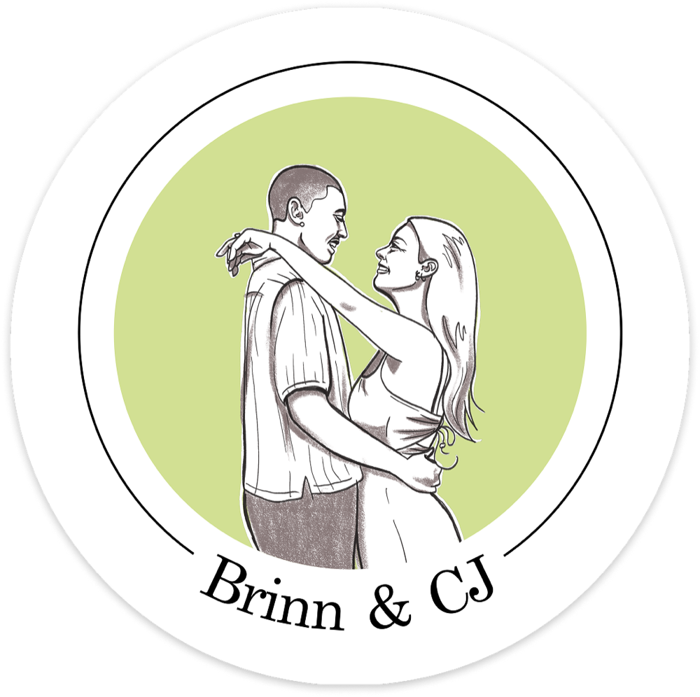 Brinn and CJ wedding sticker, green background, line-art illustration of the couple dancing