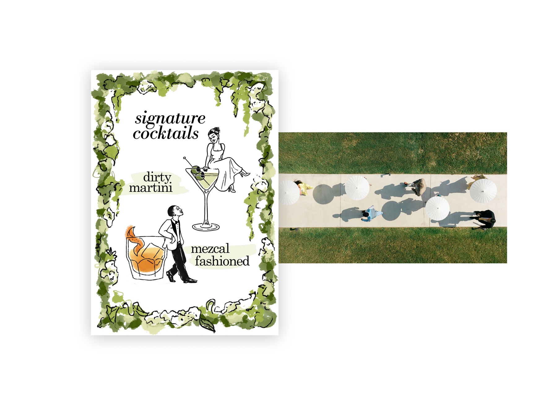Behind the cocktail menu: the signature cocktails illustration next to an aerial photo of cocktail hour