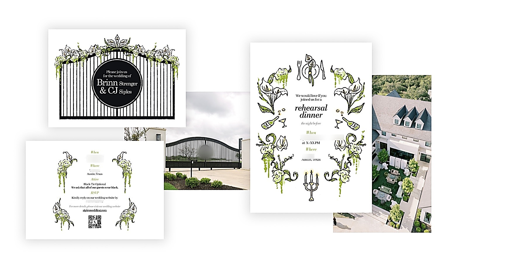 Behind the invitation suite: the venue's entrance gate and rehearsal dinner venue, next to the final invitation, details card, and rehearsal dinner card