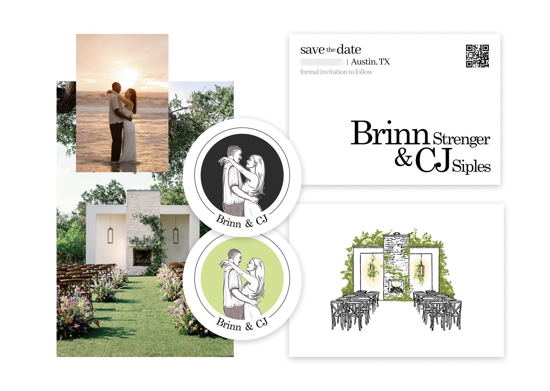 Behind the save the date: Brinn and CJ on the beach at sunset and the ceremony space, next to the final save the date card and stickers