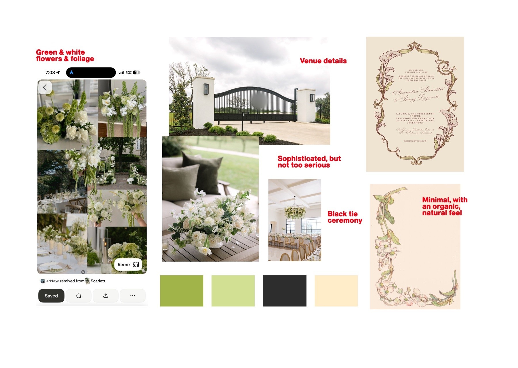 Moodboard: green and white flowers and foliage, venue gate photo, reception and lounge details, invitation style references, and the green, cream, and black color palette