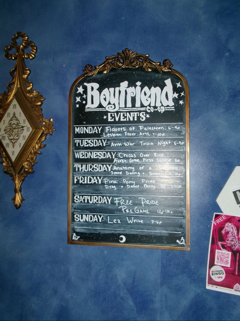 Boyfriend Co-op weekly events chalkboard