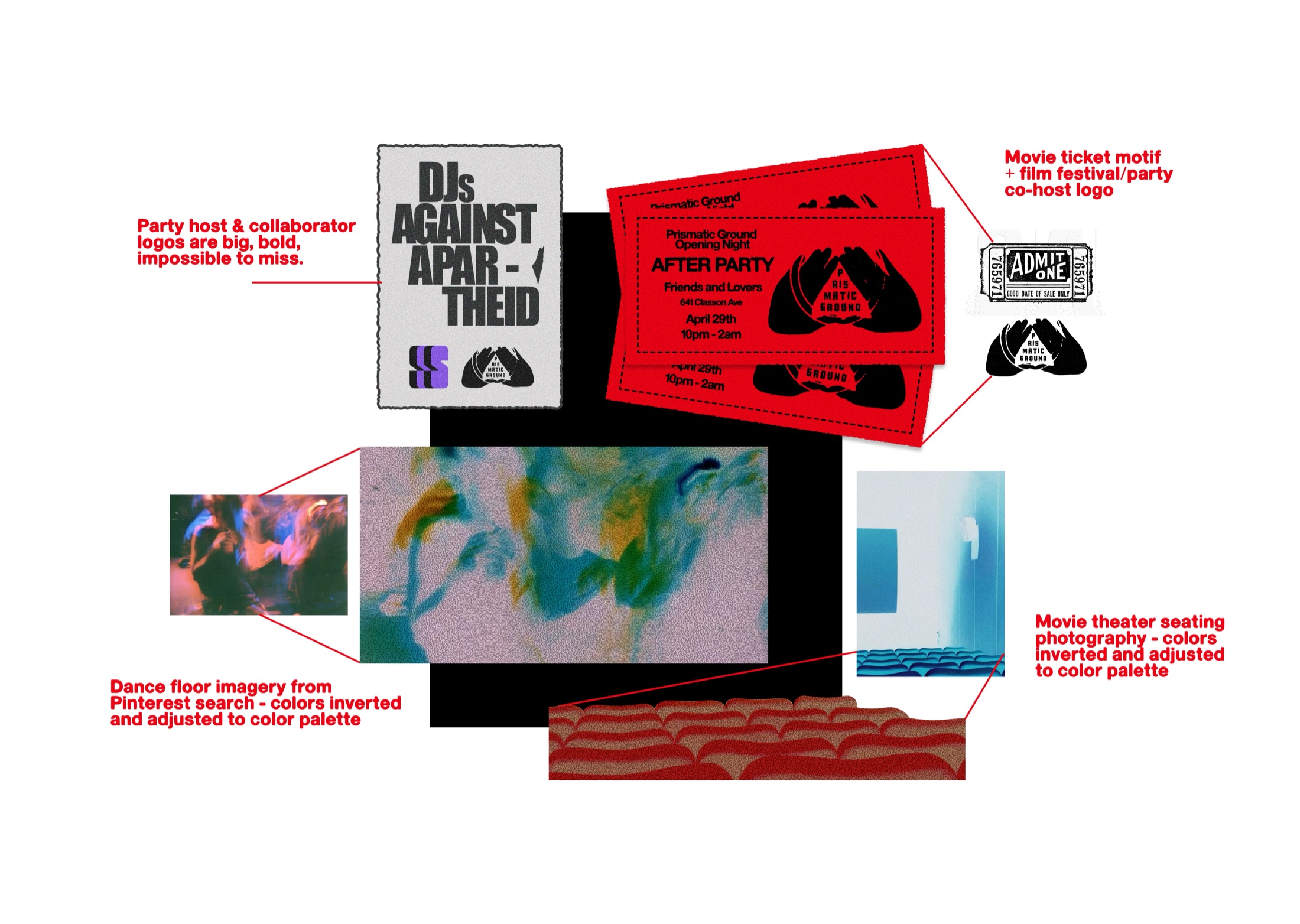 Behind the scenes: flyer and ticket design process, movie ticket motif, dance floor and movie theater seating references