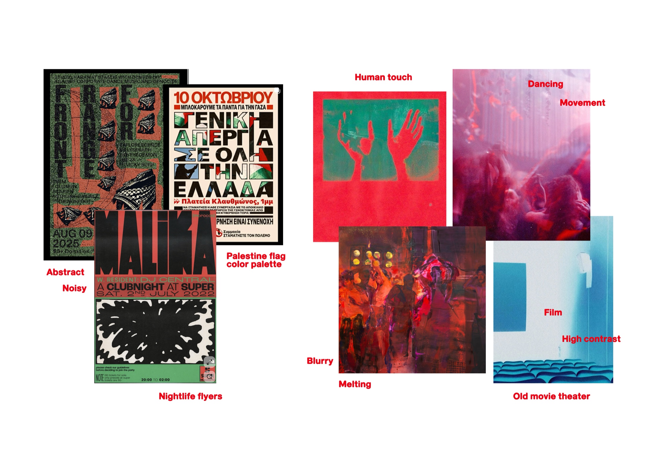 Inspo and references moodboard: abstract nightlife flyers, Palestine flag color palette, dancing and movement, old movie theater film references