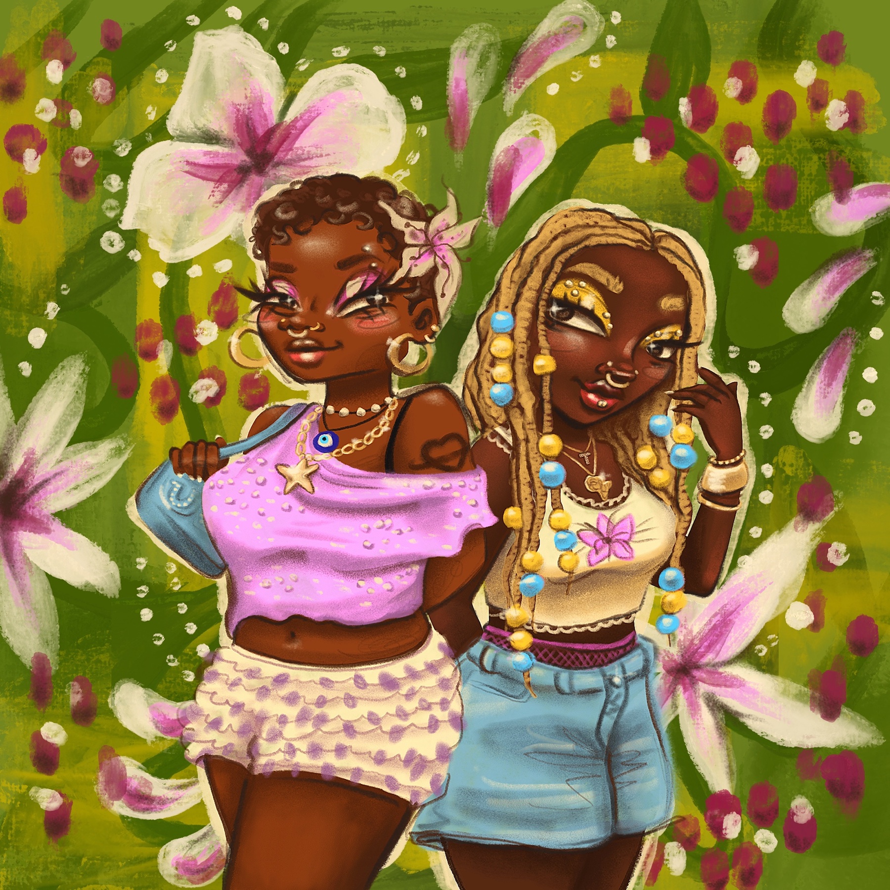Editorial illustration of two friends among lilies, version 1