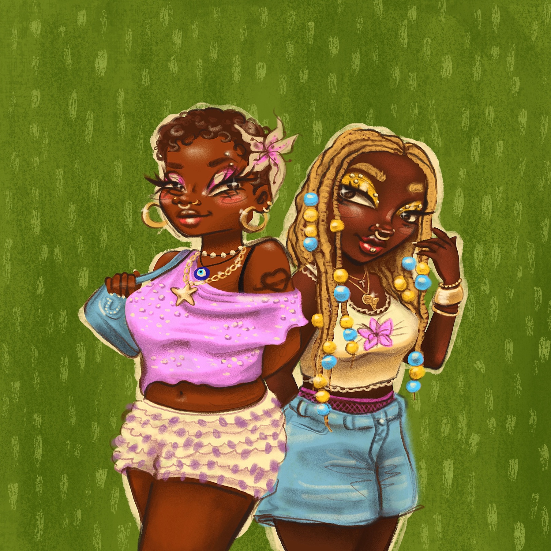 Editorial illustration of two friends among lilies, version 2