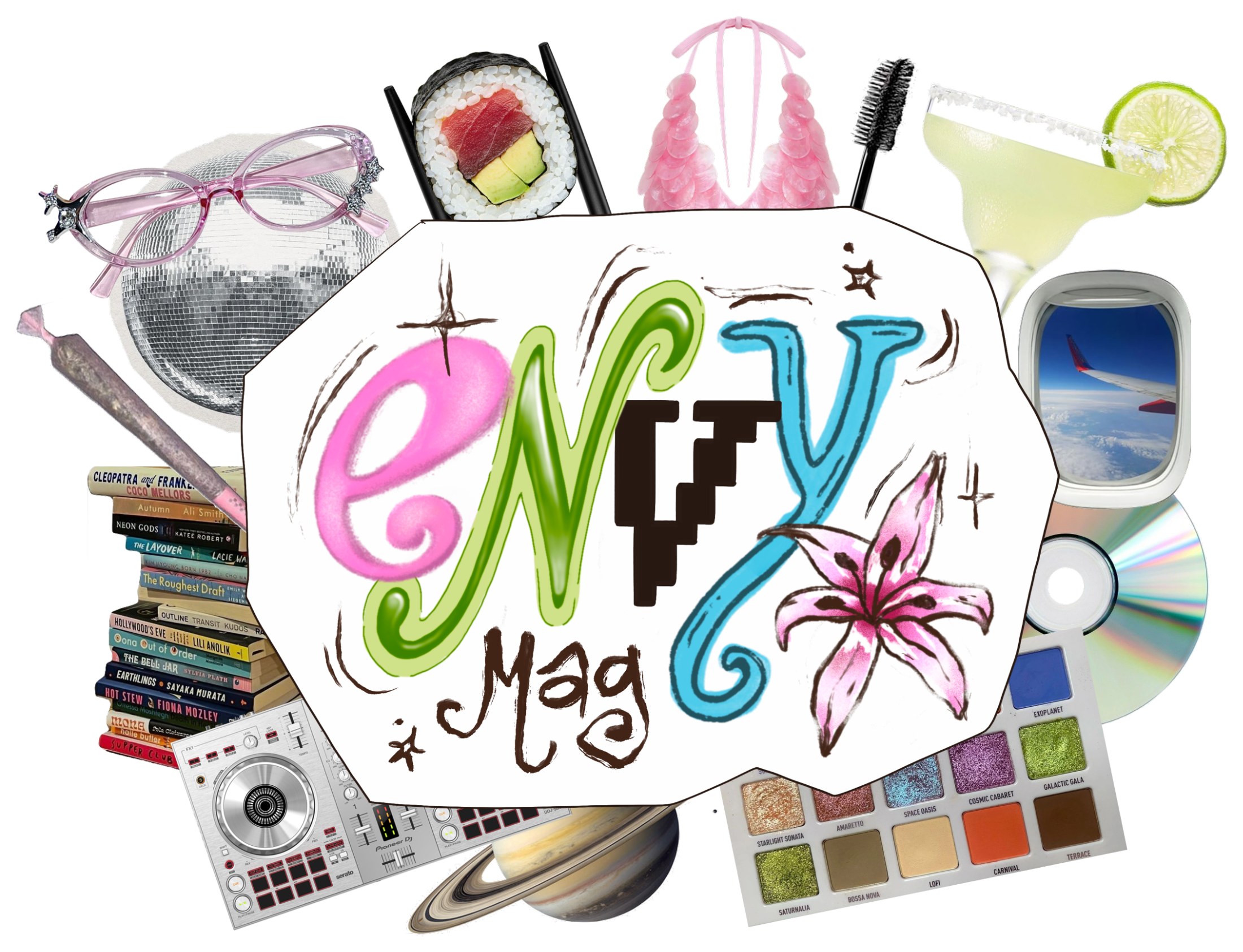 ENVY Mag logo surrounded by mood objects: disco ball, glasses, sushi, lingerie, cocktail, books, DJ controller, eyeshadow palette