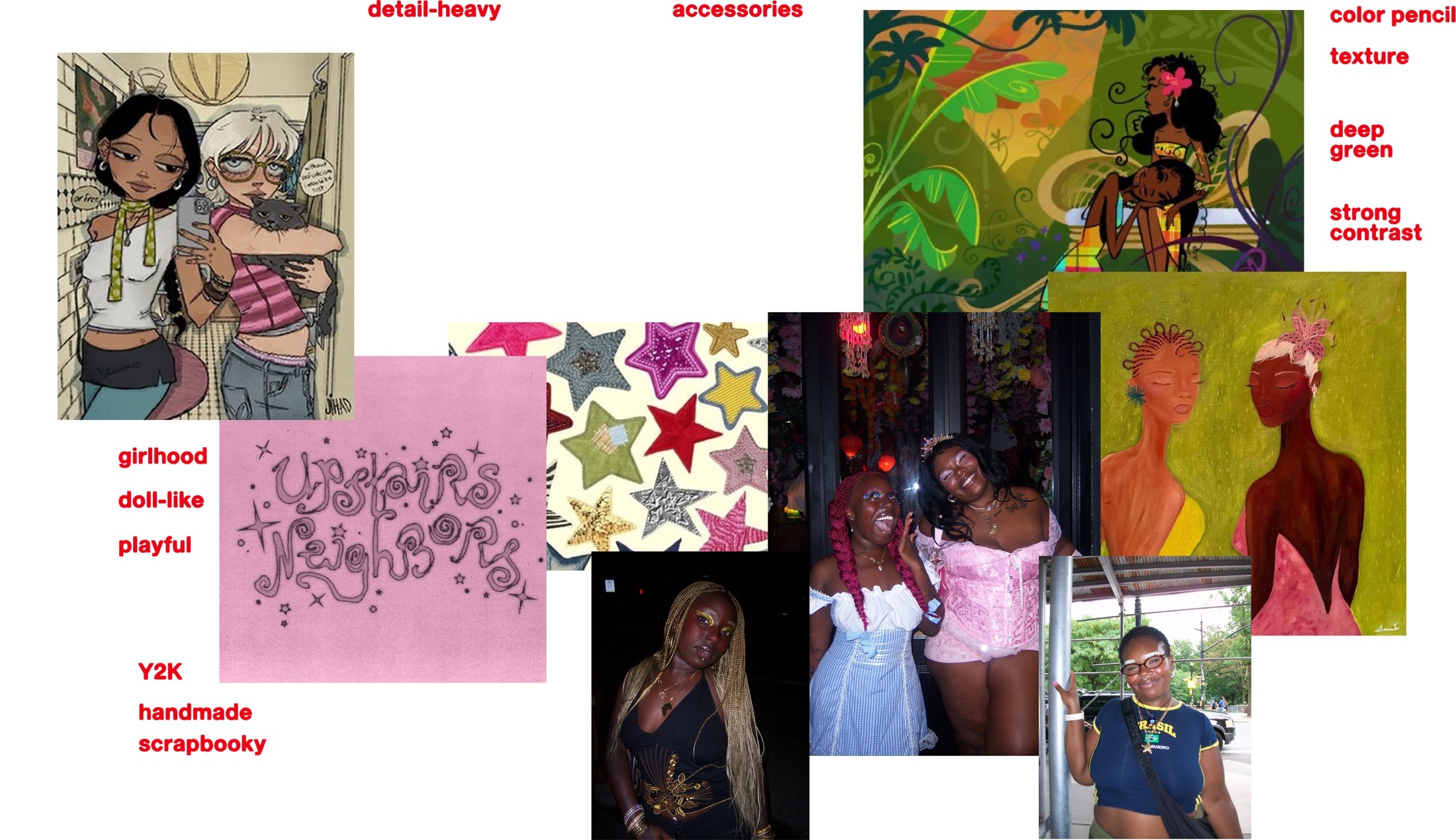 Inspo and references moodboard: illustration references, Y2K ephemera, and photos of the founders