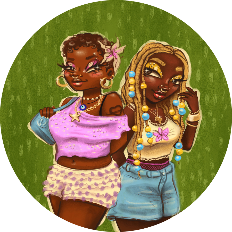 Illustration of two friends on a green background