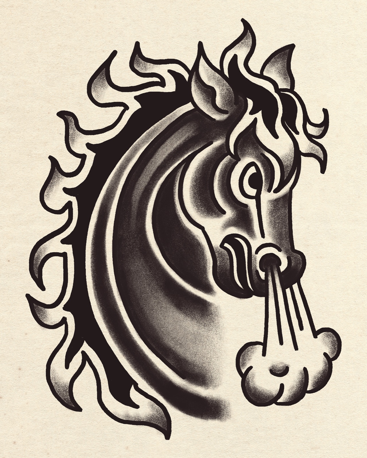 Horse head flash sheet, breathing fire