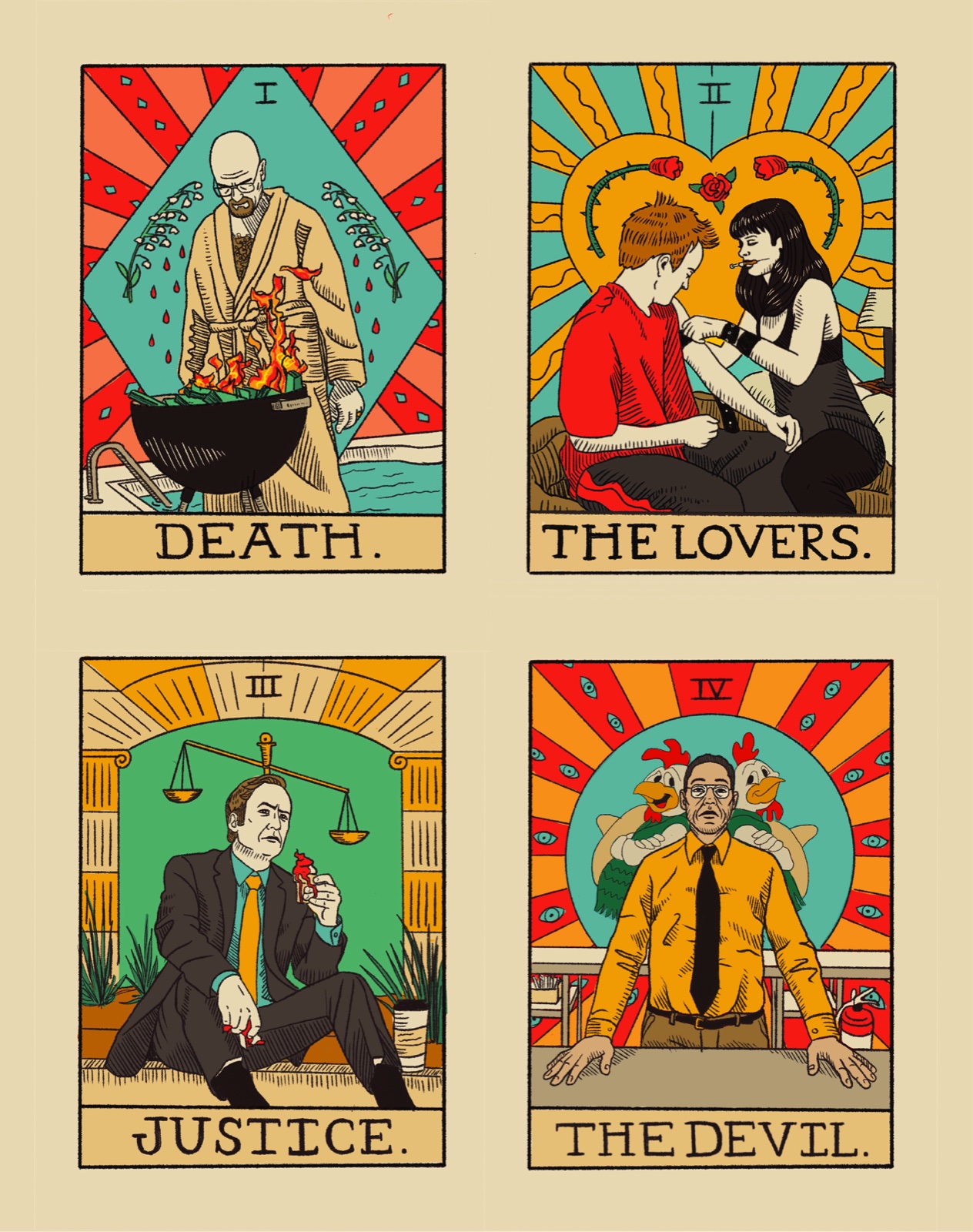 Breaking Bad tarot cards: Death, The Lovers, Justice, The Devil