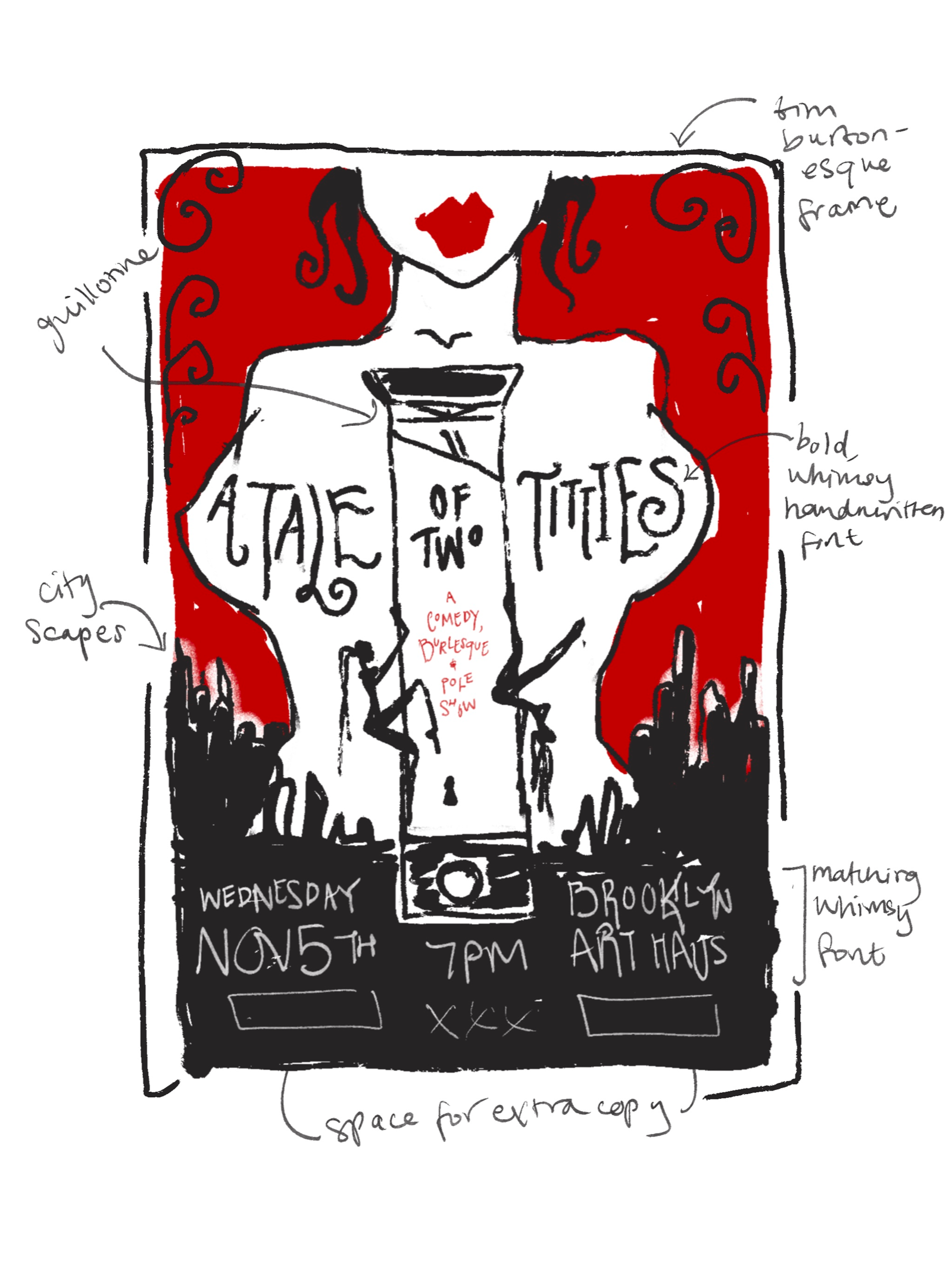 First sketch of the flyer with handwritten notes