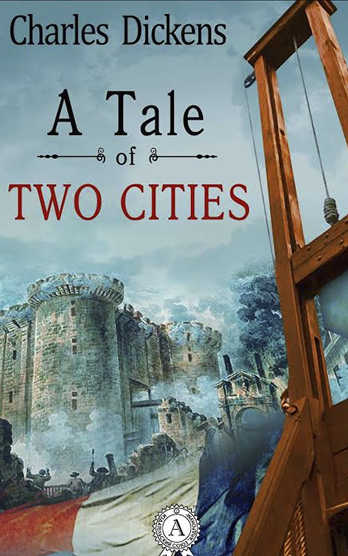 A Tale of Two Cities book cover with guillotine